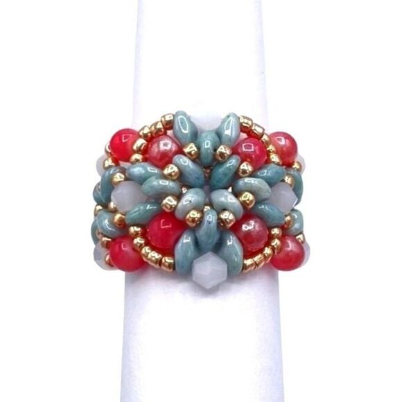Sky Blue with Pink and White Opal Pearl Crystal Beaded Statement Ring Size 10 - Picture 2 of 8